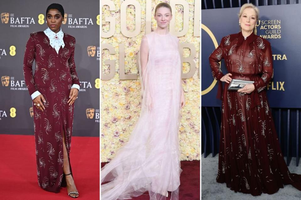 Lashana Lynch (left) is a fashion superhero at the BAFTAs and Hunter Schafer (center) is light as air attending the Golden Globes in Prada, while Meryl Streep also wears the iconic label. Wireimage; Getty Images (2)