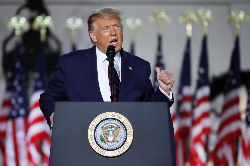 President Trump delivers his acceptance speech for the Republican presidential nomination on the South Lawn of the White House on August 27, 2020, in Washington, D.C. / Credit: / Getty Images