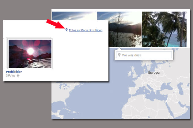 Auch um Bilder nachträglich mit Orten auf der Karte zu verknüpfen gibt es einen einfachen Trick. Gehen Sie in das Fotoalbum unter Ihrem Titelbild. Klicken Sie auf „Fotos zur Karte hinzufügen“ und geben den Aufnahmeort des Bildes ein. Schon ist die Facebook-Map mit schönen Fotos bestückt.