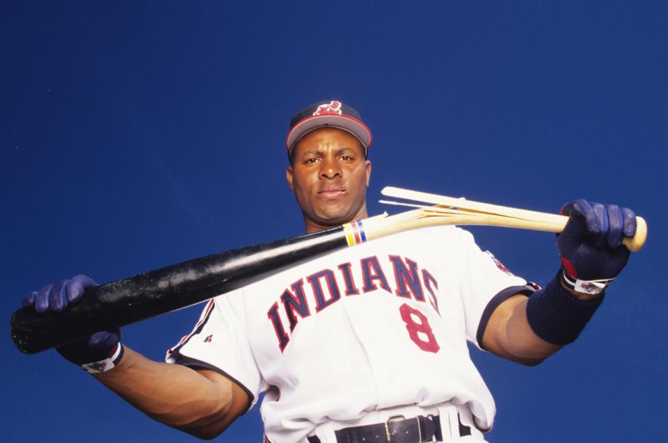 WINTER HAVEN, FL - MARCH 1994: Albert Belle #8 of the Clevealnd Indians poses breaking a bat in March 1994 in Winter Haven, Florida. (Photo by Ronald C. Modra/Getty Images)