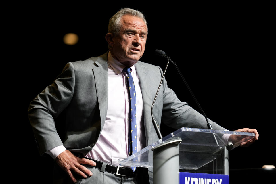 Independent presidential candidate Robert F. Kennedy Jr. speaks to supporters during a campaign event, Saturday, April 13, 2024, in West Des Moines, Iowa. (AP Photo/Charlie Neibergall)