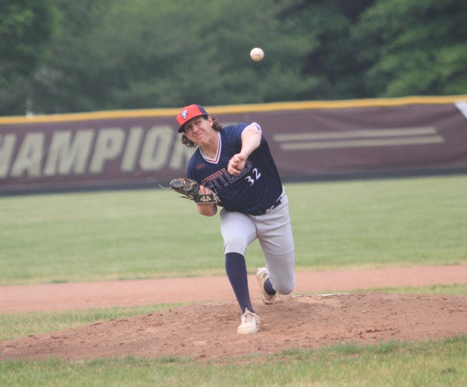 Michael Lesiecki pitches for the Licking County Settlers against the visiting Richmond Jazz during a 15-11 loss in the season opener at New Albany on Tuesday, June 6, 2023.
