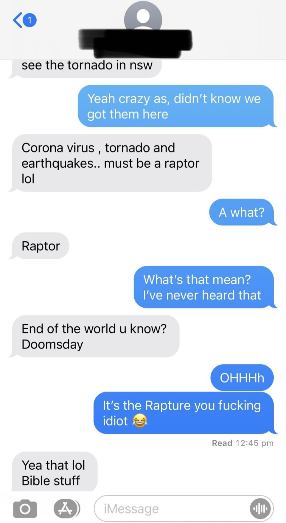 Text exchange where someone spells rapture, "Raptor."