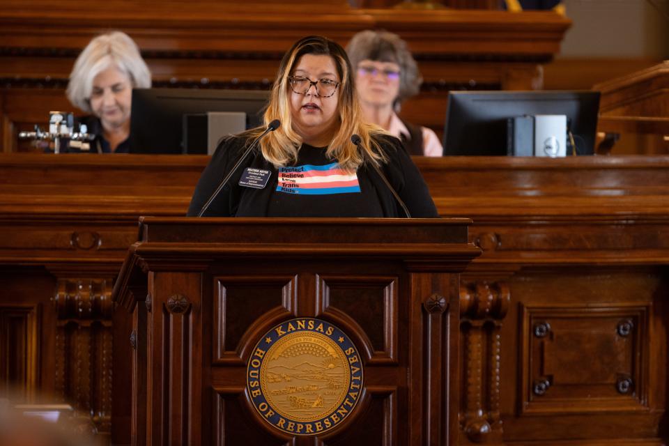Rep. Heather Meyer, D-Overland Park, wears pro-LGBTQ+ attire while debating SB 233, which targets gender-affirming care, Tuesday at the Statehouse.