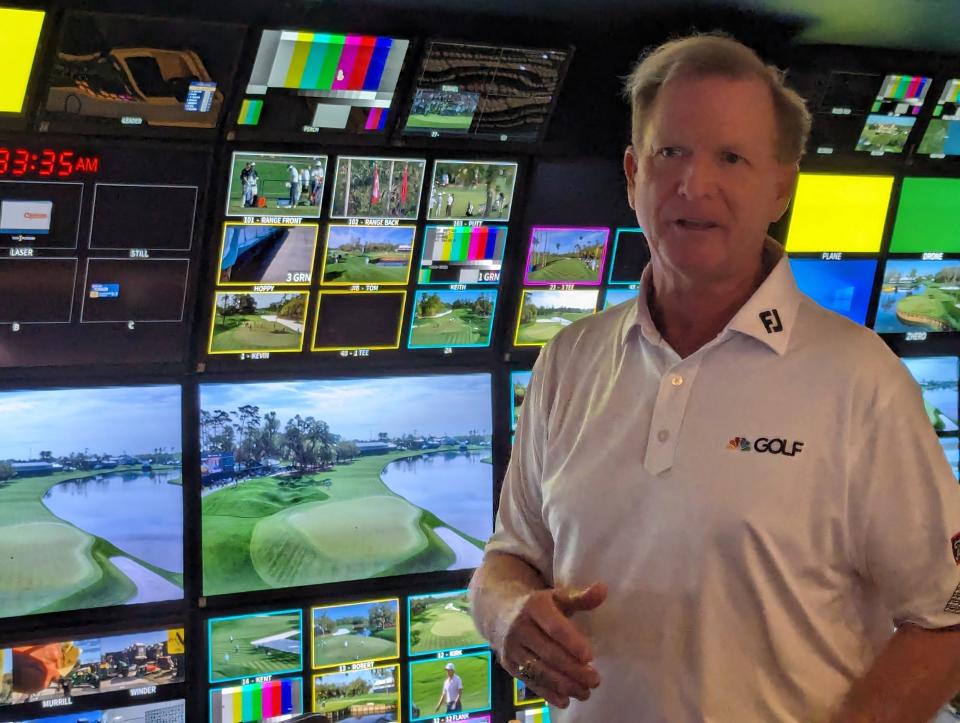 NBC lead golf producer Tommy Roy speaks inside the main PGA Tour Fleet truck at The Players Championship in Ponte Vedra Beach on Wednesday.
