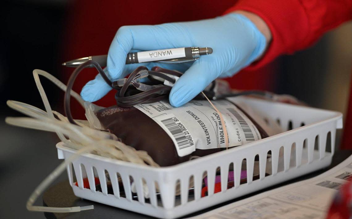 A collection supervisor collects blood from a volunteer donor at the Community Blood Center.