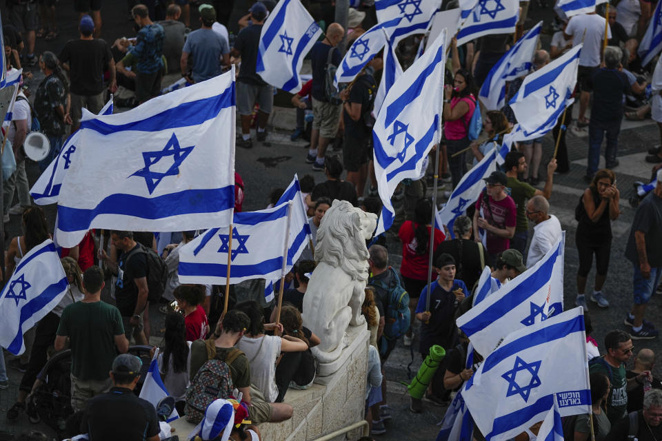 Thousands of Israelis protest against plans by Prime Minister Benjamin Netanyahu's government to overhaul the judicial system, in Jerusalem, Saturday, July 22, 2023. Thousands of demonstrators entered the last leg of a four-day and nearly 70-kilometer (roughly 45-mile) trek from Tel Aviv to Jerusalem. Protest organizers planned to camp overnight outside Israel's parliament on Saturday. (AP Photo/Ohad Zwigenberg)