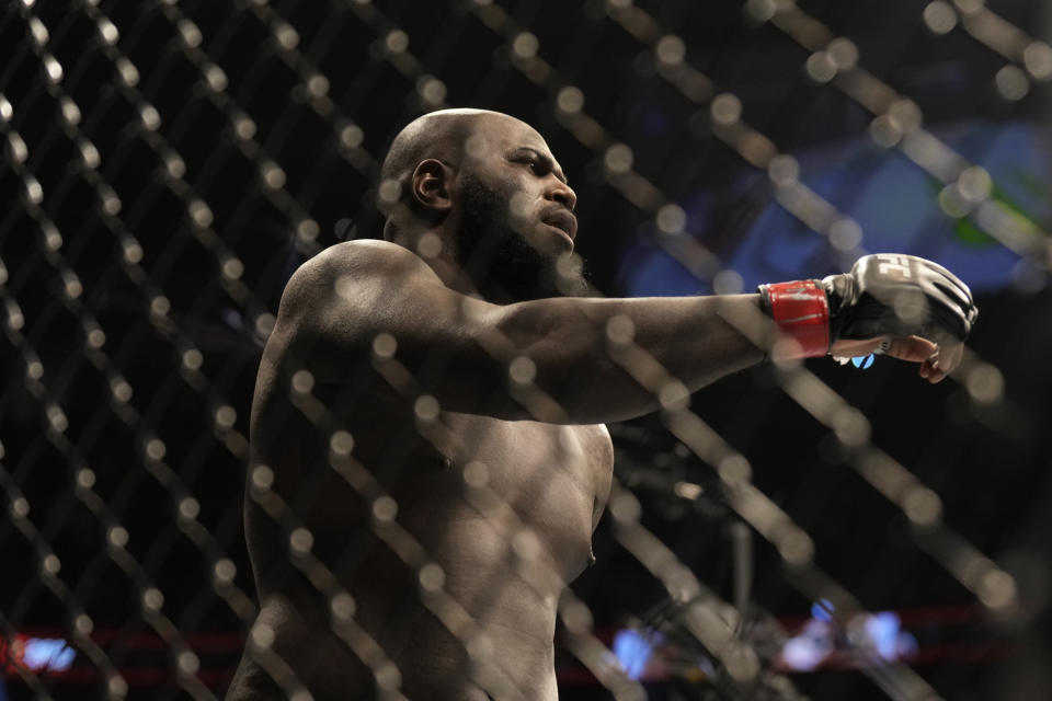 Jairzinho Rozenstruik celebrates his victory over Chris Daukaus in their Heavyweight fight during the UFC 282 event at T-Mobile Arena on December 10, 2022 in Las Vegas, Nevada, United States. (Photo by Louis Grasse/PxImages/Icon Sportswire via Getty Images)