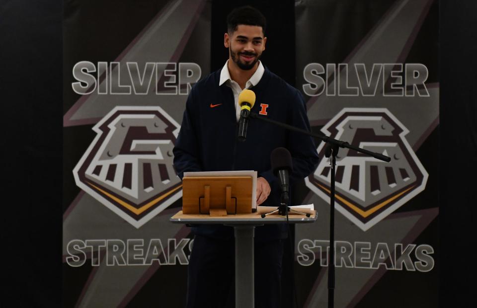 Former Galesburg High School track standout Josh Eiker, Class of 2016, gives his acceptance speech during Galesburg Athletic Hall of Fame induction ceremonies Saturday, Nov. 27, 2021, in Galesburg High School.