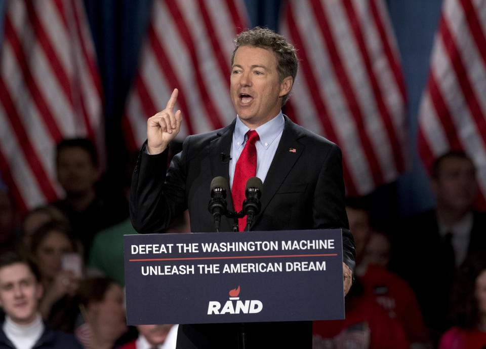 Sen. Rand Paul (R-Ky.) announces the start of his presidential campaign, Tuesday, April 7, 2015, at the Galt House Hotel in Louisville, Ky. Paul launched his 2016 presidential campaign Tuesday with a combative message against both Washington and his fellow Republicans, declaring that "we have come to take our country back."