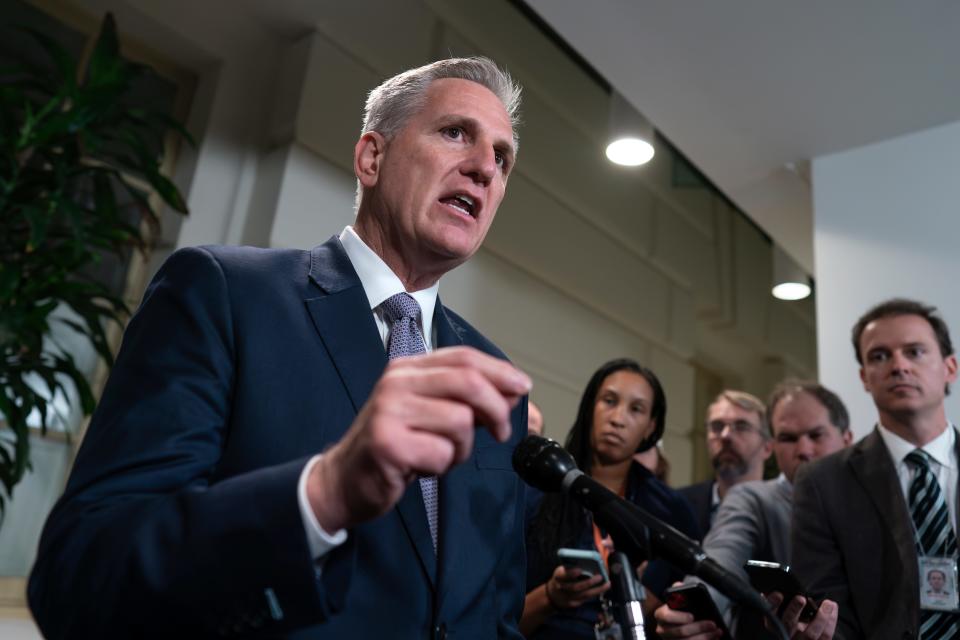 Speaker of the House Kevin McCarthy, R-Calif., talks to reporters following a closed-door meeting with House Republicans after his last-ditch plan to keep the government temporarily open collapsed yesterday, at the Capitol in Washington, Saturday, Sept. 30, 2023.