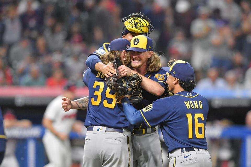 With Josh Hader at the center, Brewers players celebrate a combined no-hitter Sept. 11, 2021, the second no-hitter in franchise history. Corbin Burnes did the bulk of the work with eight hitless frames.