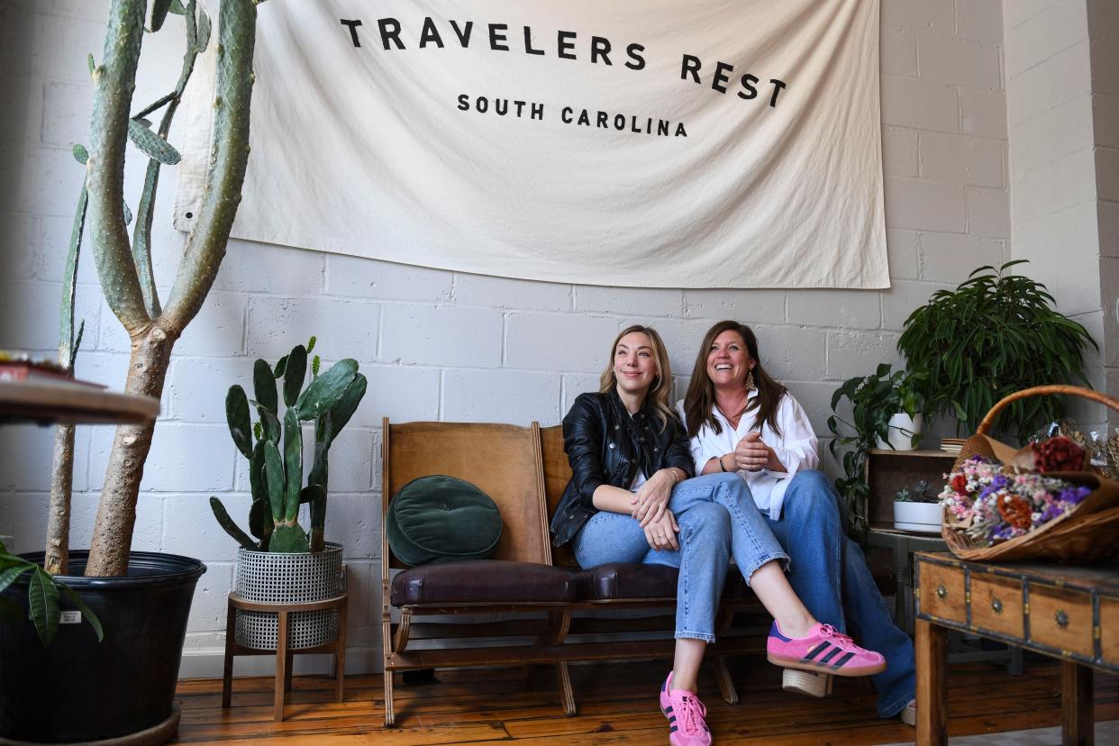 Mary Dunlap, owner of Wilder Plant Shop, and Jenny Walsh, owner of The Good Market where the plant shop is located, pose for a photo inside the shop in Travelers Rest, S.C., on Friday, April 5, 2024.