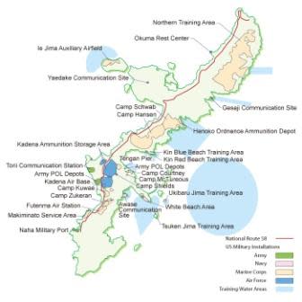 Figure 2: U.S. Base Locations on Okinawa: Location of military bases used by U.S. Forces on Okinawa, including water-training grounds. 