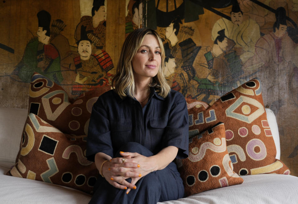 Author Jessica Knoll poses for a portrait at her home in Los Angeles on Friday, Sept. 15, 2023, to promote her third novel, "Bright Young Things." (AP Photo/Chris Pizzello)