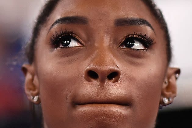 Simone Biles during the artistic gymnastics women's team final on July 28 during the Tokyo 2020 Olympic Games at the Ariake Gymnastics Centre in Tokyo. (Photo: LOIC VENANCE via Getty Images)