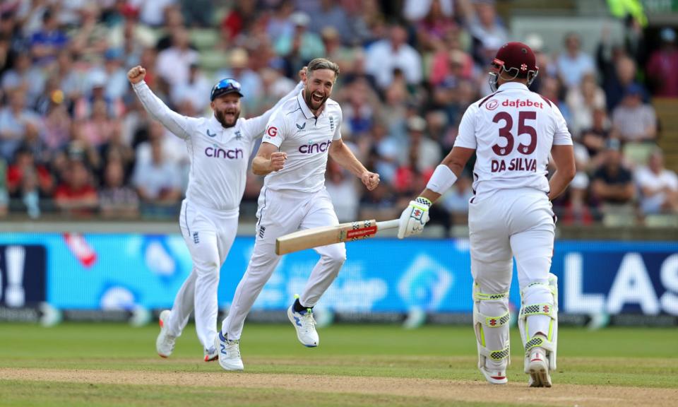 <span>Chris Woakes celebrates removing Joshua Da Silva, one of his three wickets at Edgbaston.</span><span>Photograph: David Rogers/Getty Images</span>