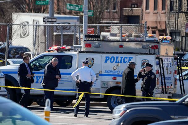 PHOTO: New York Police gather at the scene where a rental truck was stopped and the driver arrested, Feb. 13, 2023, in New York. (John Minchillo/AP)