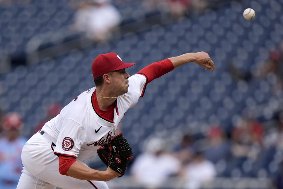 Washington Nationals pitcher MacKenzie Gore throws during the first inning of a baseball game against the St. Louis Cardinals at Nationals Park, Saturday, July 6, 2024, in Washington. (AP Photo/Mark Schiefelbein)