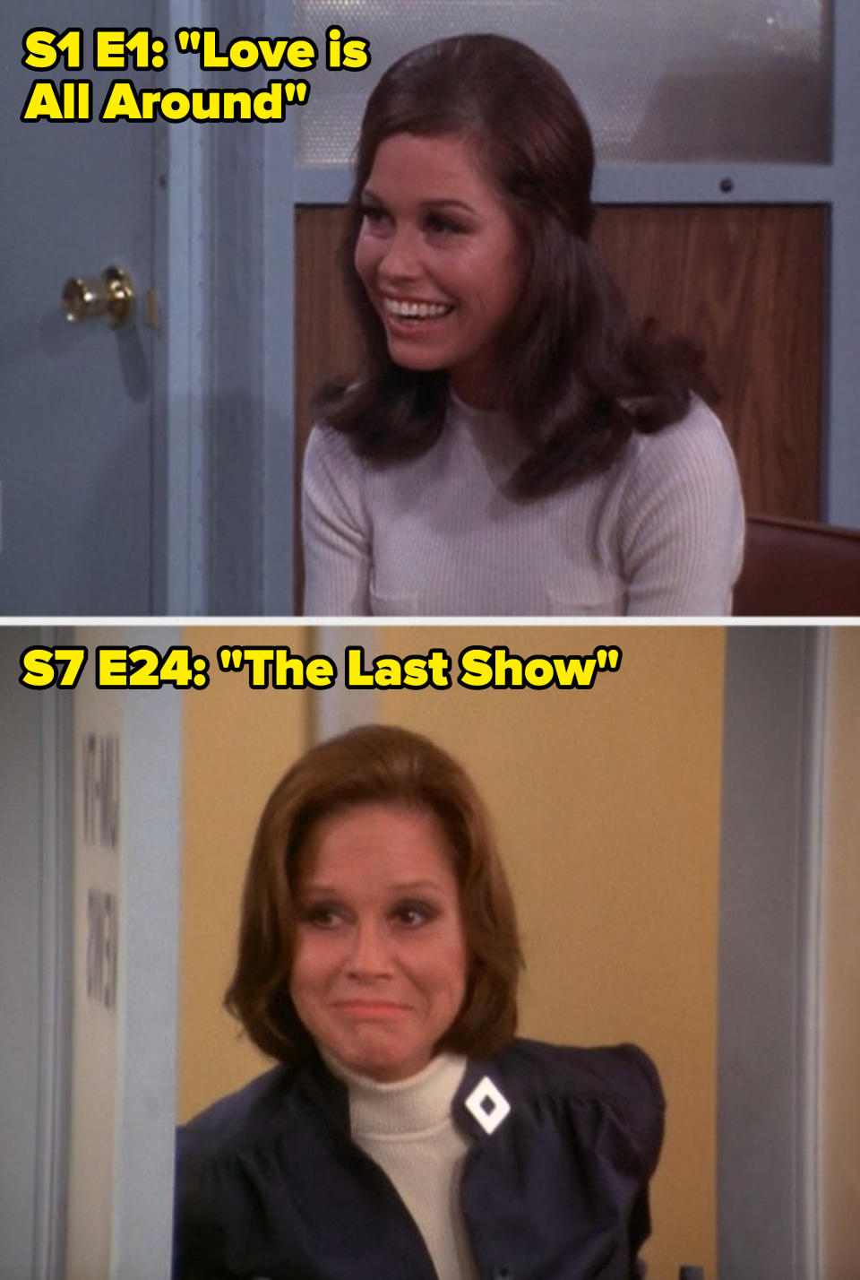 Mary Tyler Moore in the first vs. last episode of "The Mary Tyler Moore Show"