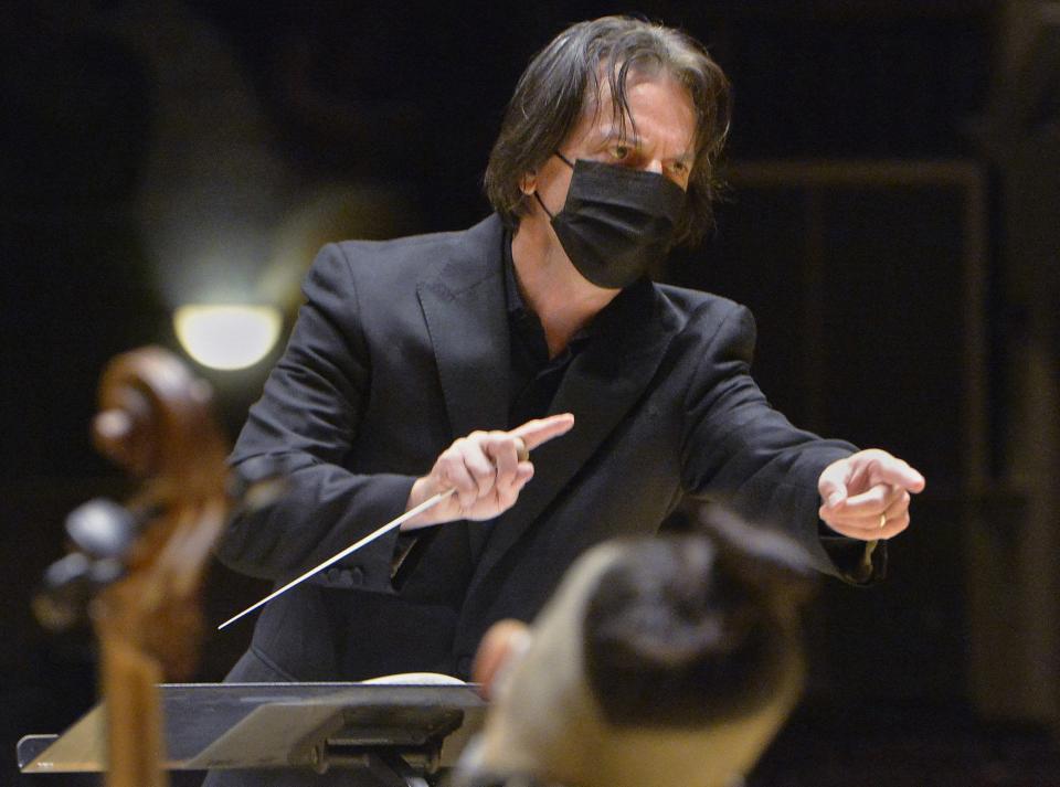 Erie Philharmonic Music Director Daniel Meyer speaks with the orchestra prior to recording a performance at Edinboro University's Cole Auditorium on Sept. 19, 2020, in Edinboro. Meyer will lead the Philharmonic into a full season at the Warner Theatre beginning Jan. 23.