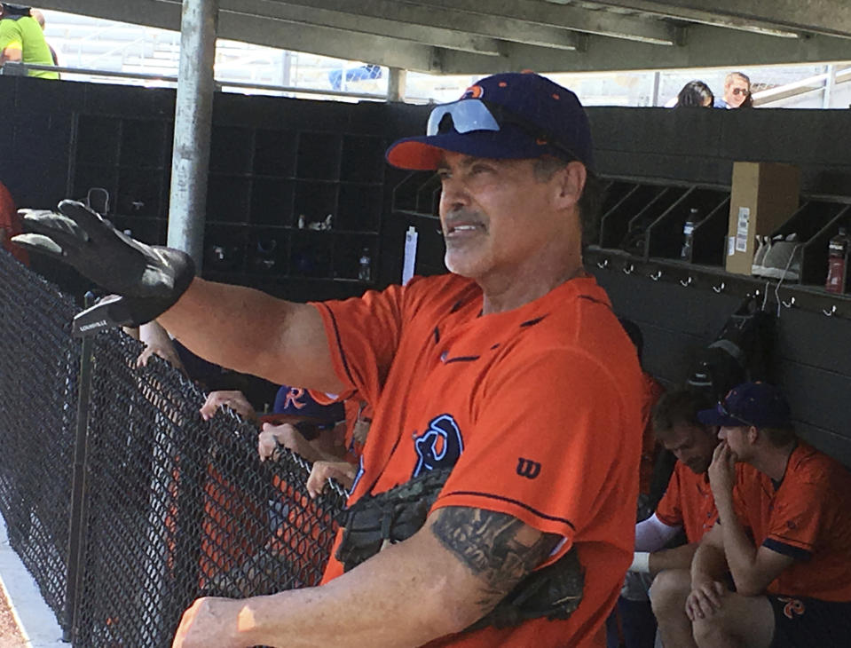 Former Baltimore Orioles first baseman Rafael Palmeiro is doing pretty well in the independent leagues at 53 years old. (AP Photo)