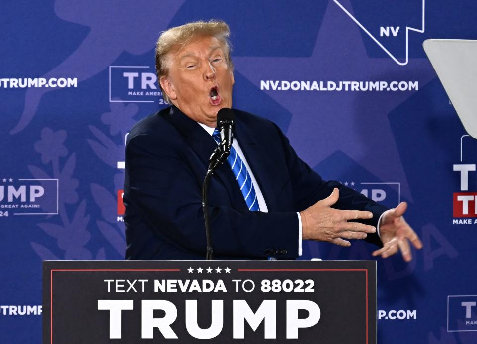 TOPSHOT - Former US President and 2024 presidential hopeful Donald Trump speaks at a Commit to Caucus Rally in Las Vegas, Nevada, on January 27, 2024. (Photo by Patrick T. Fallon / AFP) (Photo by PATRICK T. FALLON/AFP via Getty Images) ORG XMIT: 776093310 ORIG FILE ID: 1958538608