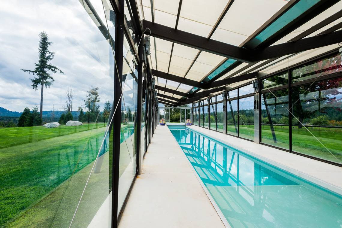 A view of the 80-foot-long saltwater lap pool in Tenino. The estate is called Merkaba, which potential buyers are told means light, spirit and body.