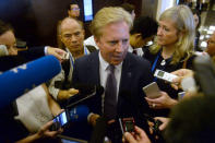 New Zealand's Trade Minister Todd McClay (C) is mobbed by reporters at the end of the meeting TPP11 (gathering all Tran-Pacific Pact member countries except the United States) held on the sideline of the Asia-Pacific Economic Cooperation ( APEC) 's 23rd Ministers responsible for Trade Meeting being held in Hanoi on May 21, 2017. REUTERS/Hoang Dinh Nam/Pool