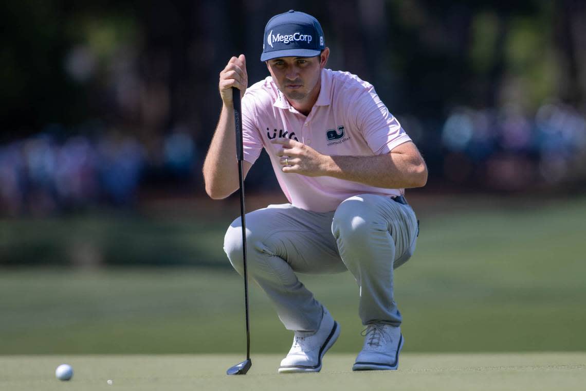 J.T. Poston stares down his ball before putting on the fifth hole during the first round of the RBC Heritage Presented by Boeing at Harbour Town Golf Links on Thursday, April 18, 2024 in Sea Pines on Hilton Head Island. Eston Parker III/for The Island Packet