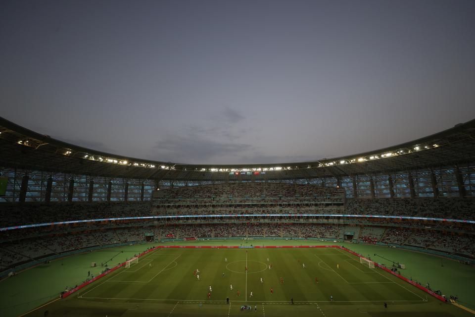 The Baku Olympic Stadium during the Euro 2020 soccer championship group A match between Switzerland and Turkey in Baku, Azerbaijan, Sunday, June 20, 2021. (Naomi Baker/Pool via AP)