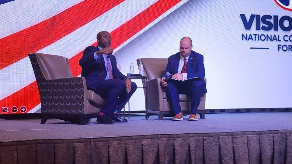 U.S. Senator Tim Scott, R-South Carolina, speaks during the Vision ’24 National Conservative Forum on March 18, 2023.