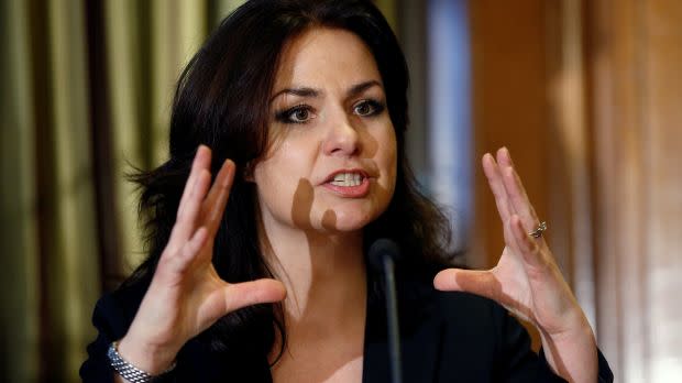 Former British Conservative Party MP Heidi Allen speaks at a news conference in London