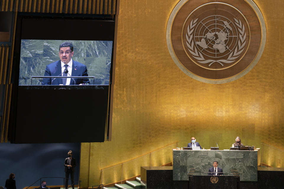 Yemen's foreign minister Ahmad Awad bin Mubarak the 76th Session of the United Nations General Assembly, Monday, Sept. 27, 2021, at U.N. headquarters. (AP Photo/John Minchillo, Pool)