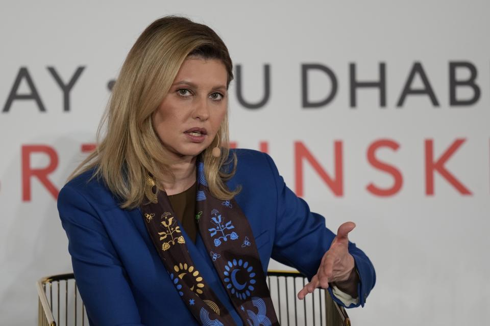 Olena Zelenska, First Lady of Ukraine talks during the International Women's Day in Abu Dhabi, United Arab Emirates, Wednesday, March 8, 2023. Ukraine's first lady on Wednesday offered spirited support to her nation's people while visiting the United Arab Emirates, a country that still remains open to Russia despite Western sanctions. (AP Photo/Kamran Jebreili)