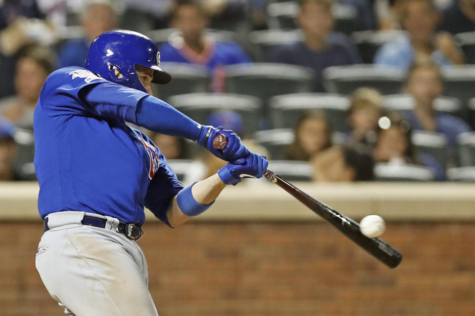 Chicago Cubs' Victor Caratini hits a three-run home run during the seventh inning of a baseball game against the New York Mets, Thursday, Aug. 29, 2019, in New York. (AP Photo/Kathy Willens)