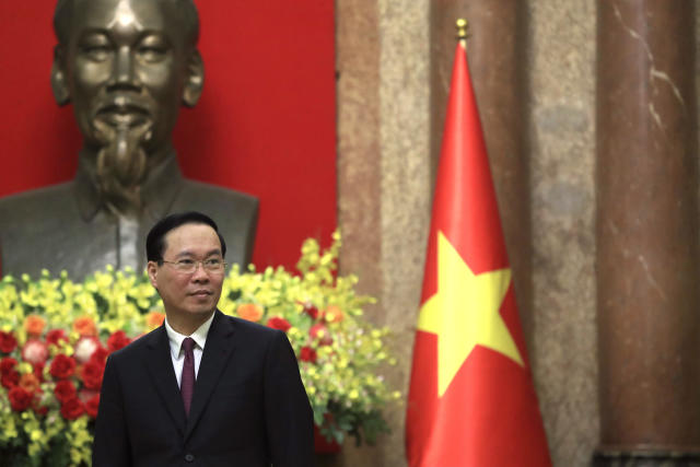 Vietnamese President Vo Van Thuong is seen ahead of a meeting with Cambodian Foreign Minister Prak Sokhonn in Hanoi, Vietnam on Tuesday, March 21, 2023. (AP Photo/Hau Dinh)
