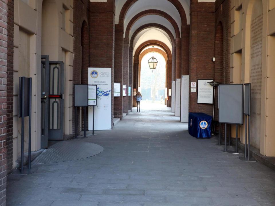 A view of the empty entrance to the UniversitÃ Cattolica (Catholic University) in Milan, northern Italy, on 24 February, 2020: EPA/MATTEO BAZZI