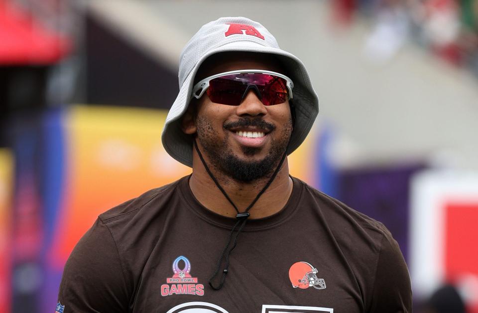 Feb 4, 2024; Orlando, FL, USA; AFC defensive end Myles Garrett (95) of the Cleveland Browns before the 2024 Pro Bowl at Camping World Stadium. Mandatory Credit: Nathan Ray Seebeck-USA TODAY Sports