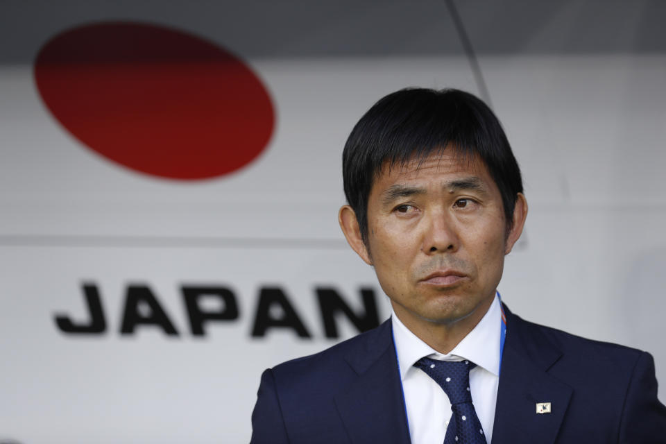 Japan's head coach Hajime Moriyasu ahead of the the AFC Asian Cup quarterfinal soccer match between Japan and Vietnam at Al Maktoum Stadium in Dubai, United Arab Emirates, Thursday, Jan. 24, 2019. (AP Photo/Hassan Ammar)