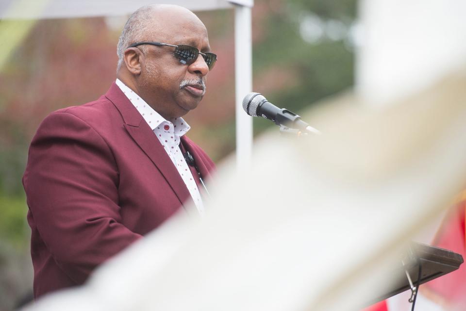 Chatham County Commission Chairman Chester Ellis delivers remarks prior to the burial of 500 unclaimed cremated remains from the Chatham County Coroner's Office on Wednesday.