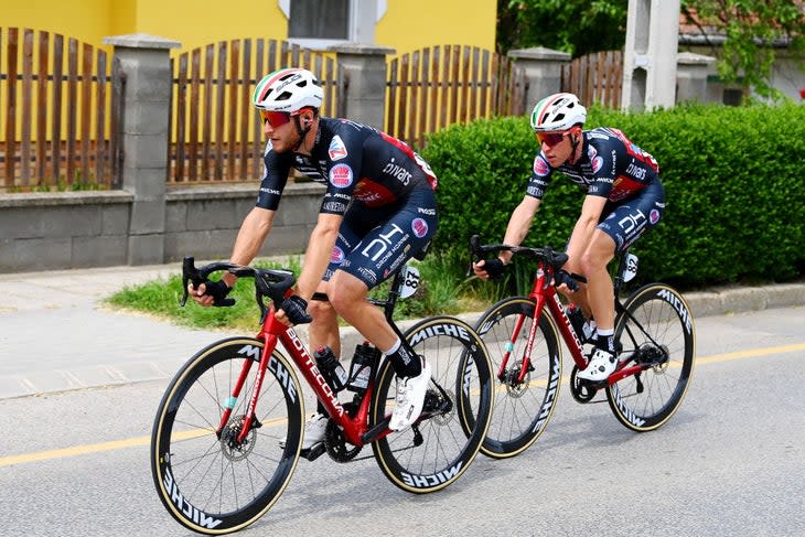 <span class="article__caption">Mattia Bais, shown here with teammate Filippo Tagliani, was often on the attack.</span> (Photo: Tim de Waele/Getty Images)