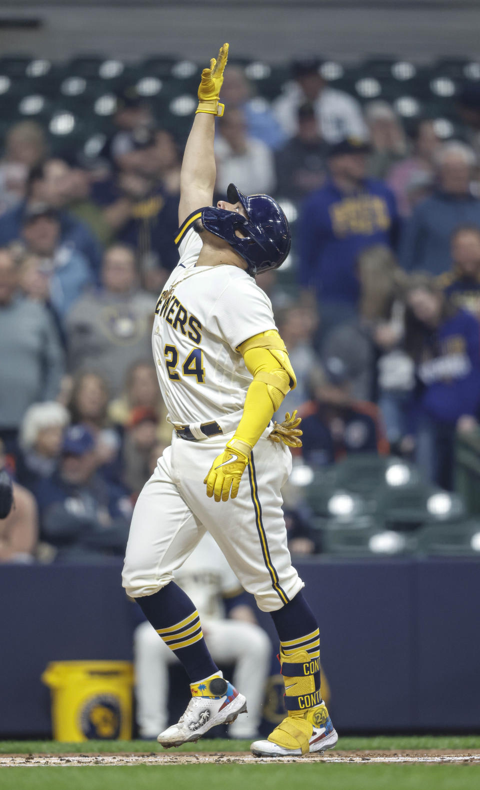 Milwaukee Brewers' William Contreras reacts after his home run against the Detroit Tigers during the first inning of a baseball game Monday, April 24, 2023, in Milwaukee. (AP Photo/Jeffrey Phelps)
