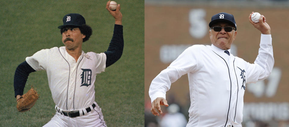 Willie Hernandez on the mound during the fifth game of the World Series against the San Diego Padres in 1984 and throwing out a ceremonial first pitch in 2019. (AP)