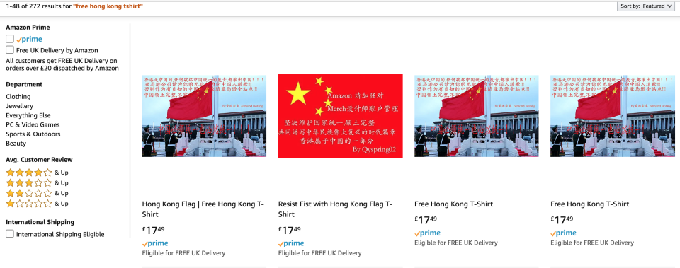 Search results on Amazon UK for "free Hong kong T-shirt"