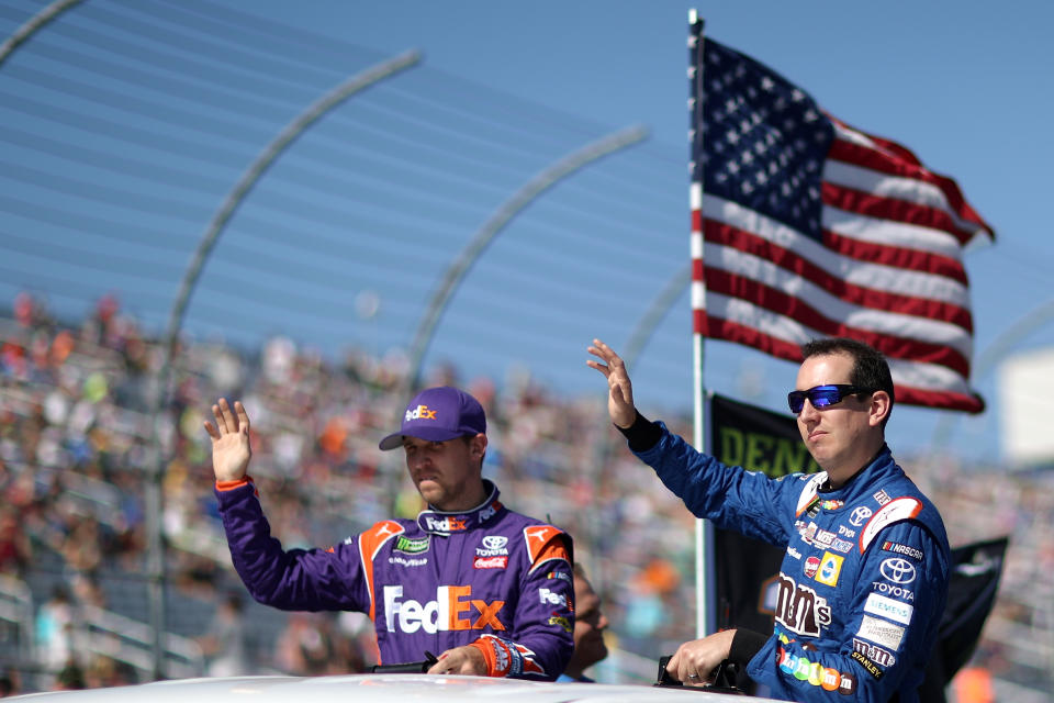Denny Hamlin and Kyle Busch don’t seem to be big fans of NASCAR’s 2019 rules. (Getty)