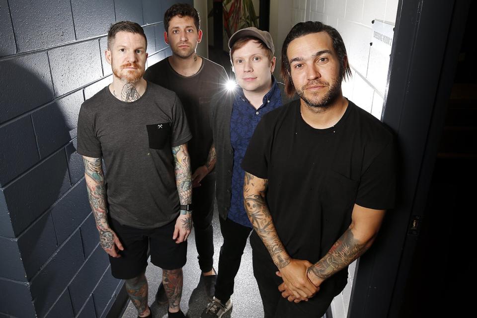 FEBRUARY 28, 2018: BRISBANE, QLD. (EUROPE AND AUSTRALASIA OUT) Pete Wentz (R), Patrick Stump, Joe Trohman and Andy Hurley of Fall Out Boy pose backstage at the Riverstage in Brisbane, Queensland. (Photo by Josh Woning Photography/Newspix/Getty Images)