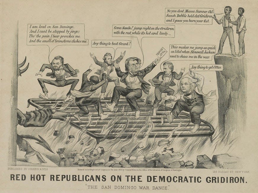 A political cartoon from 1872 attacking Republicans who opposed the Grant administration's move to annex Santo Domingo