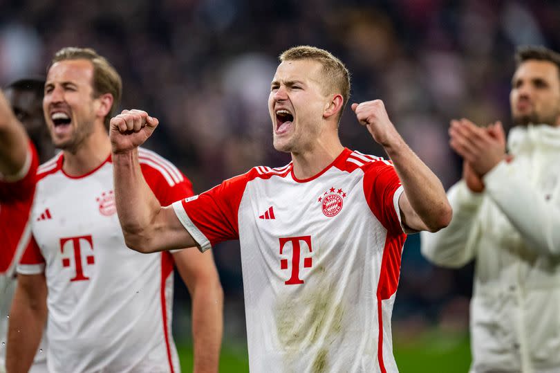 Matthijs de Ligt of FC Bayern Munich celebrates winning the UEFA Champions League quarter-final second leg match between FC Bayern Munich and Arsenal FC at Allianz Arena on April 17, 2024 in Munich, Germany.