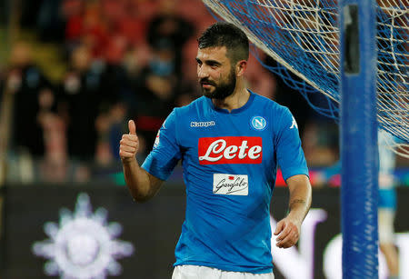 Soccer Football - Serie A - Napoli vs Genoa - Stadio San Paolo, Naples, Italy - March 18, 2018 Napoli's Raul Albiol celebrates after the match REUTERS/Ciro De Luca